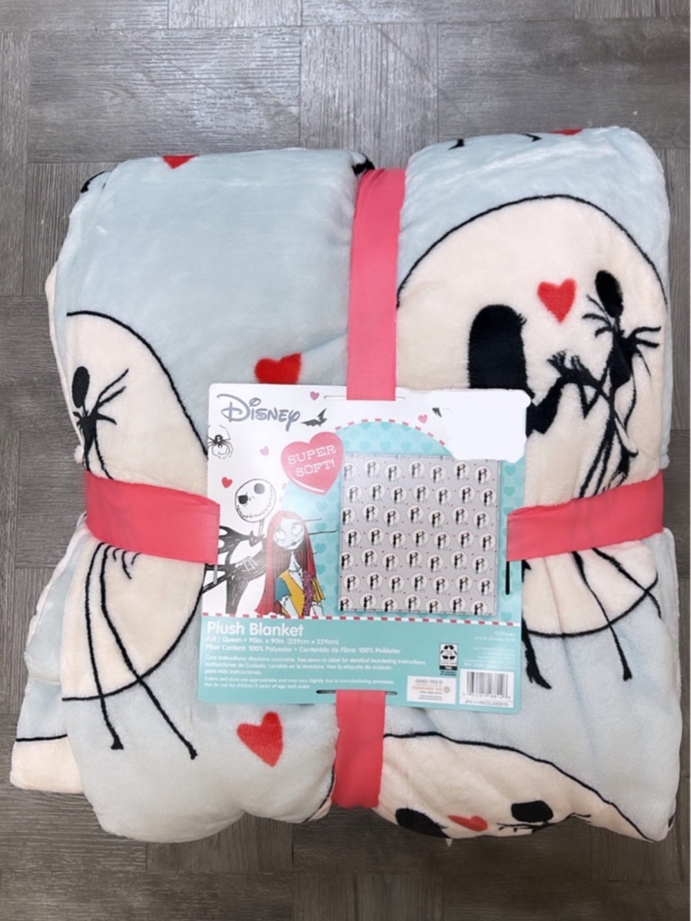 Disney Plush Blanket with Jack & Sally Design - Light Blue, Cream, Black, Red